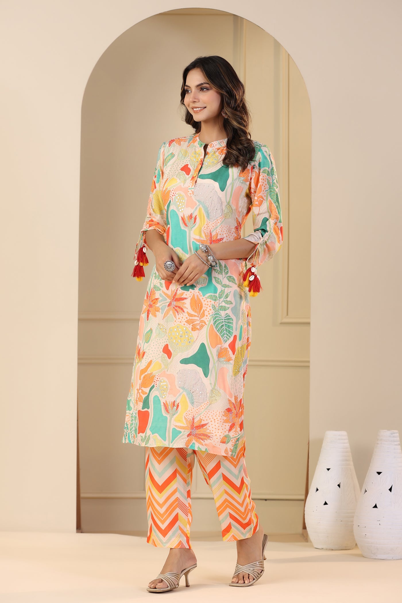 Multicoloured Cream Kurta and  Zig Zag Pants with Spread Gota and Tari Work