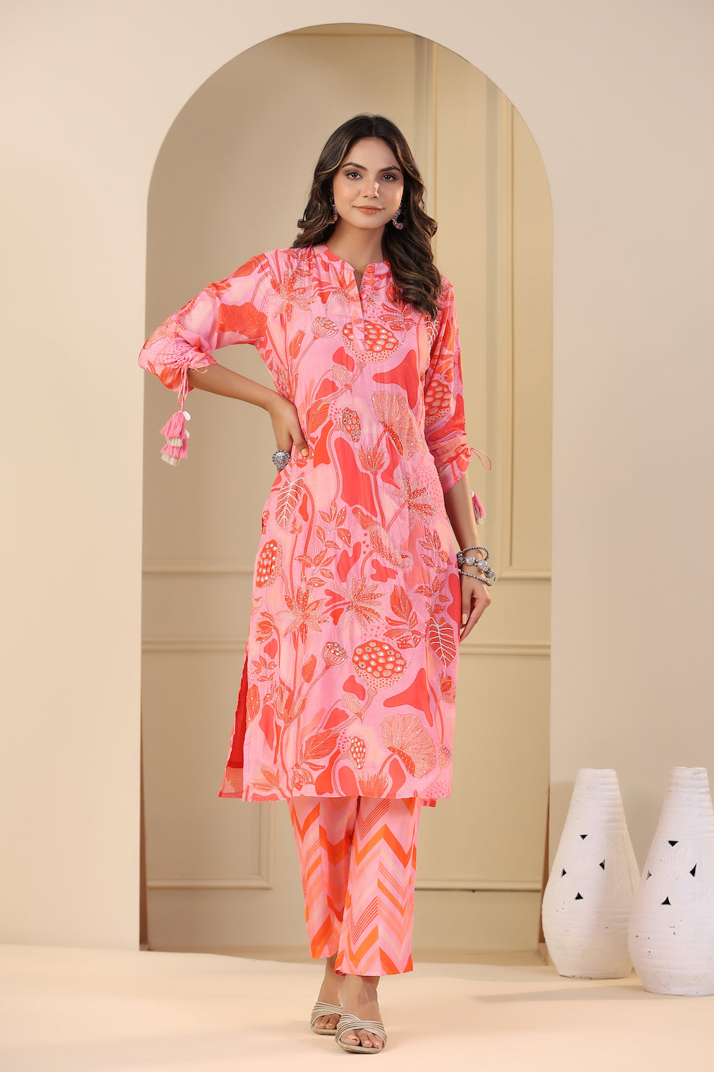 Pink and Orange Abstract Print Kurta Set