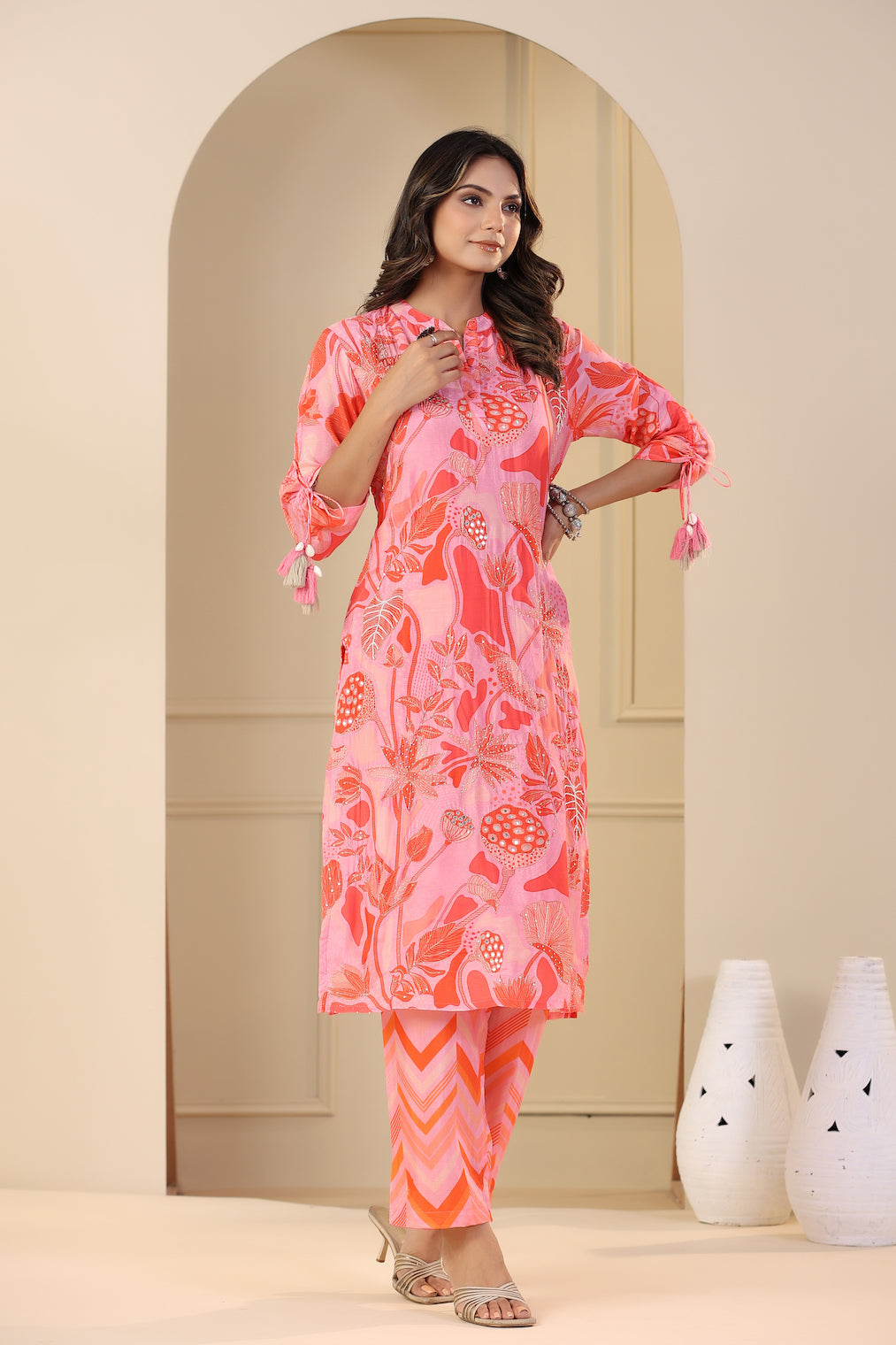 Pink and Orange Abstract Print Kurta Set