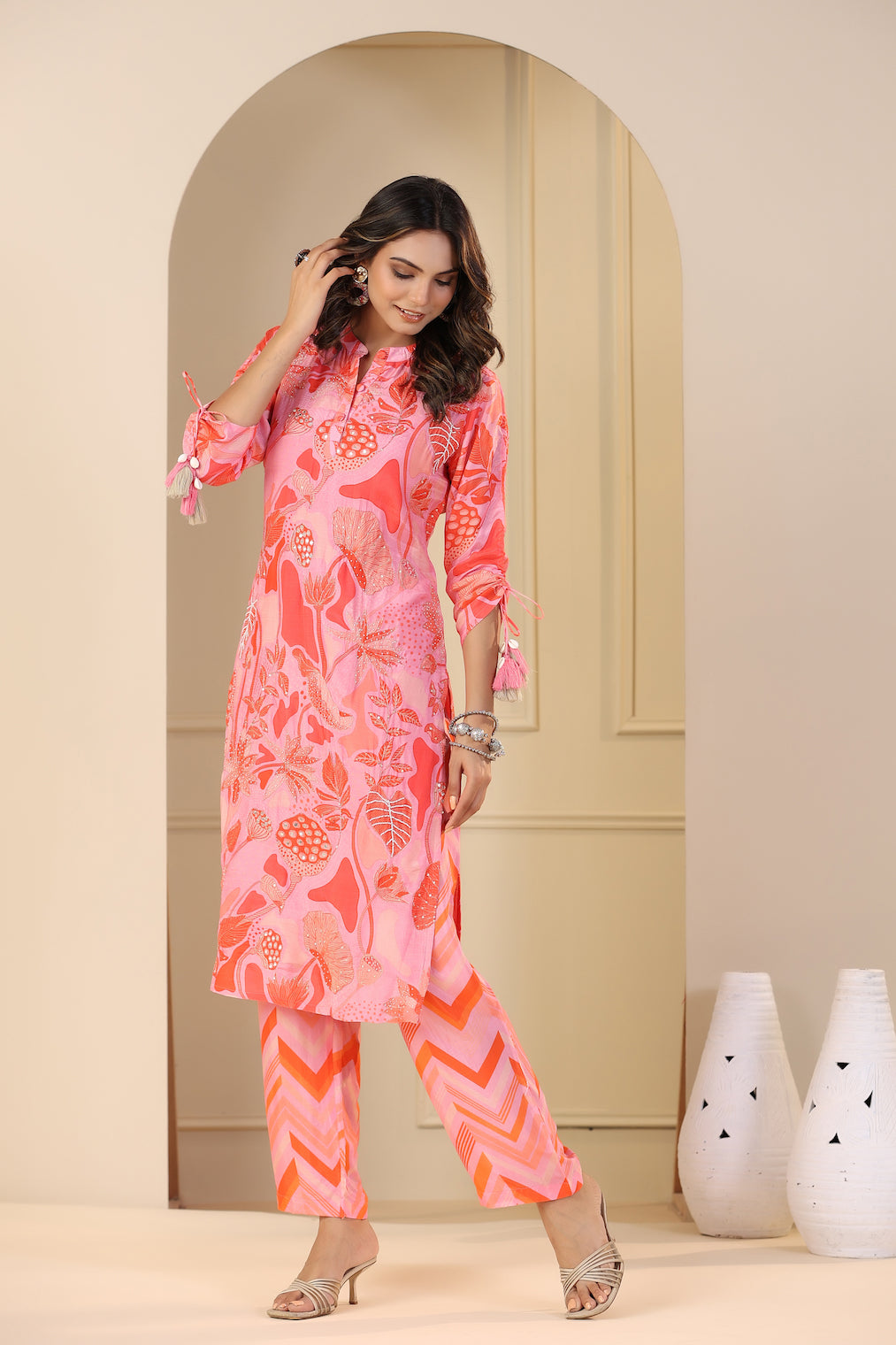 Pink and Orange Abstract Print Kurta Set