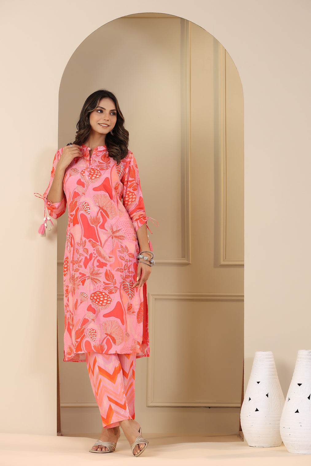 Pink and Orange Abstract Print Kurta Set