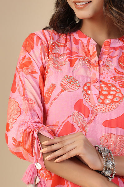 Pink and Orange Abstract Print Kurta Set