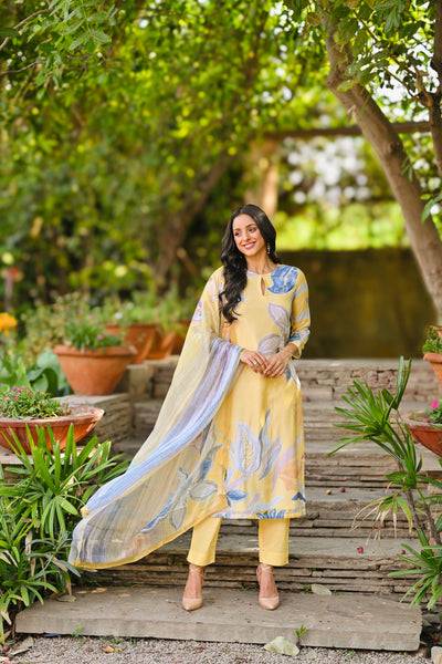 Yellow and Blue Bloom Pure Muslin with Spread Thread and Tari Hand Work Suit Set