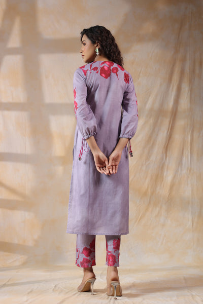 Purple with orange flower mul cotton kurta pant set