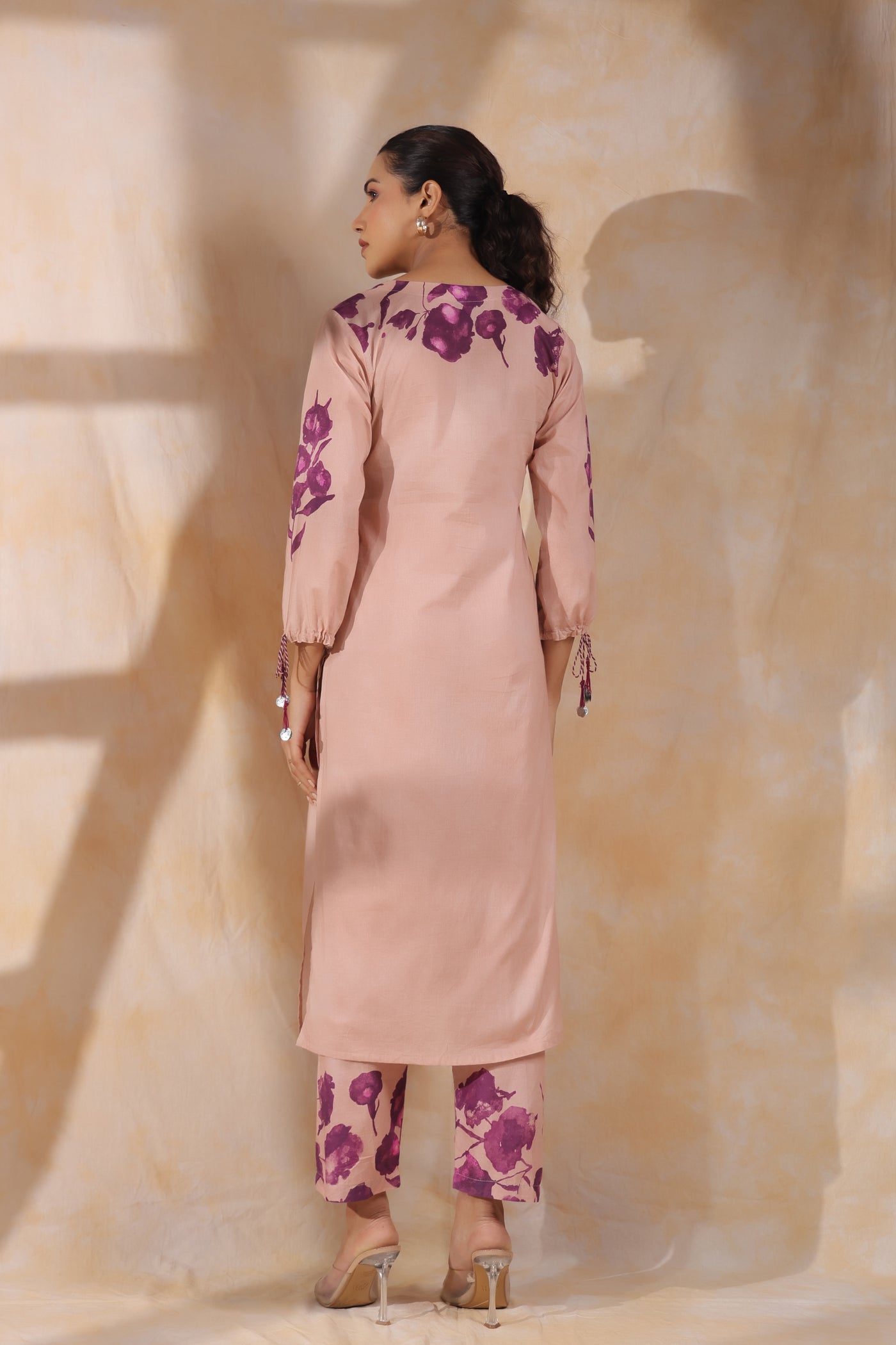 Rose pink with magenta flower mul cotton kurta pant set