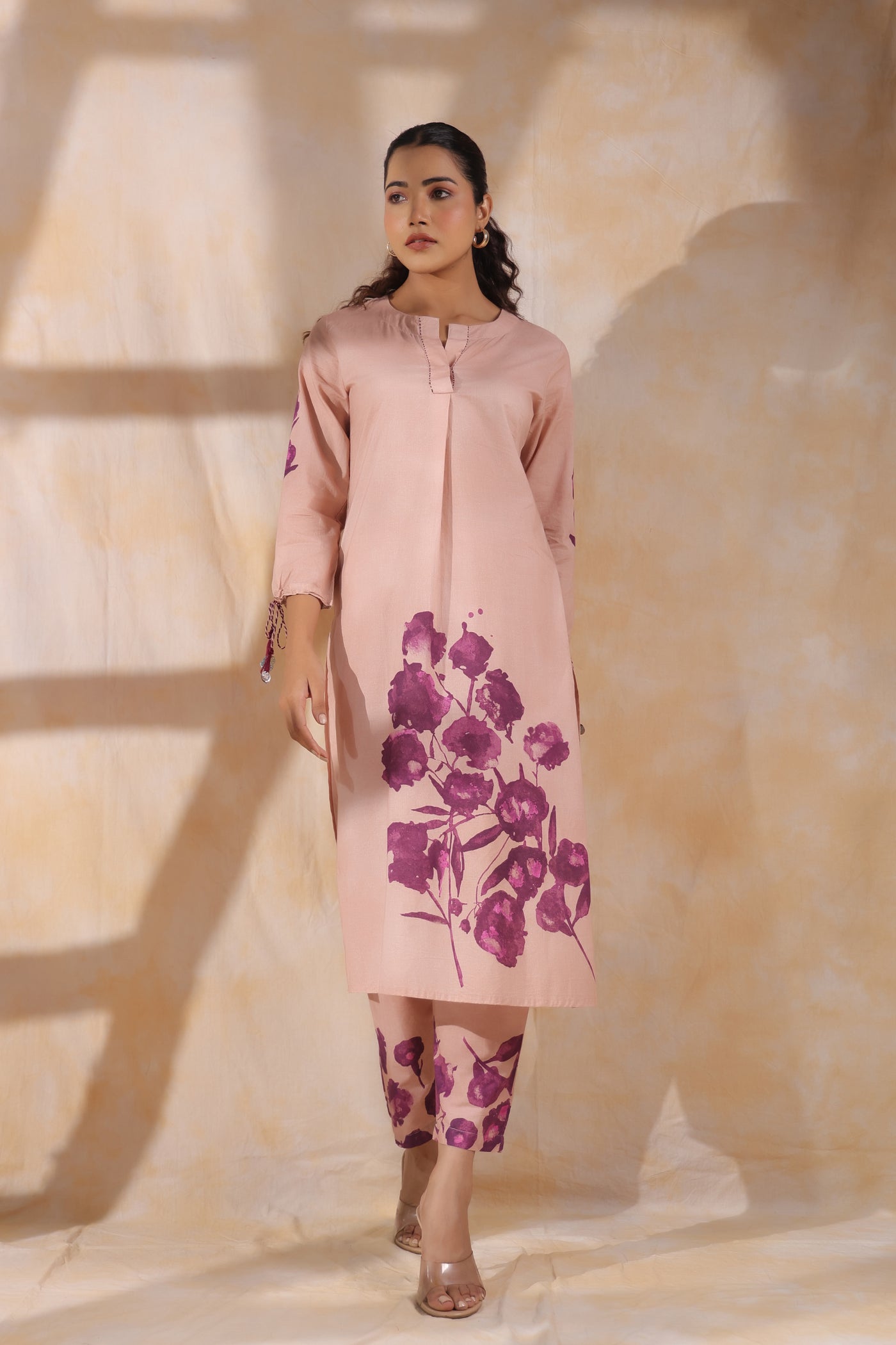 Rose pink with magenta flower mul cotton kurta pant set