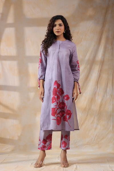 Purple with orange flower mul cotton kurta pant set