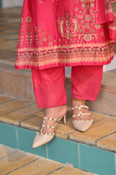 Deep Fuschia Pink Fagun Scallope Work Muslin Suit Set