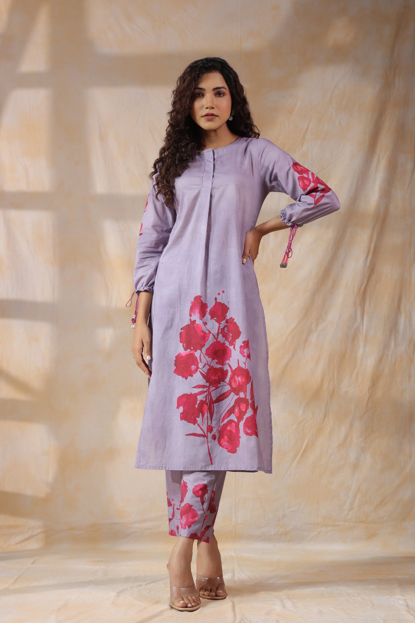 Purple with orange flower mul cotton kurta pant set