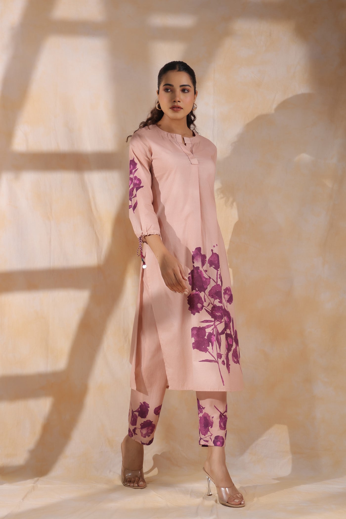 Rose pink with magenta flower mul cotton kurta pant set