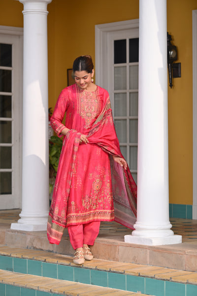 Deep Fuschia Pink Fagun Scallope Work Muslin Suit Set