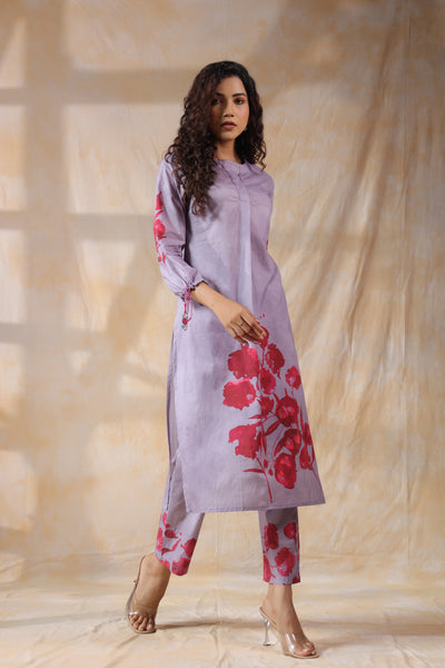 Purple with orange flower mul cotton kurta pant set