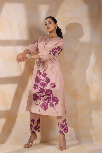 Rose pink with magenta flower mul cotton kurta pant set