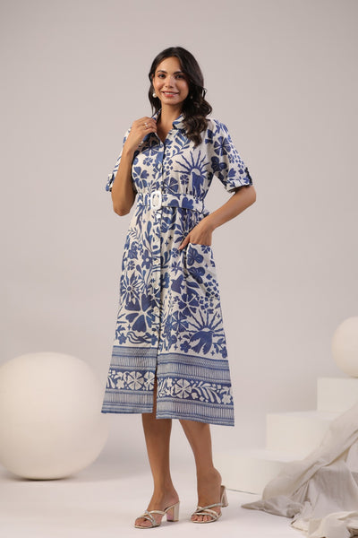 Blue floral print summer cotton dress with belt