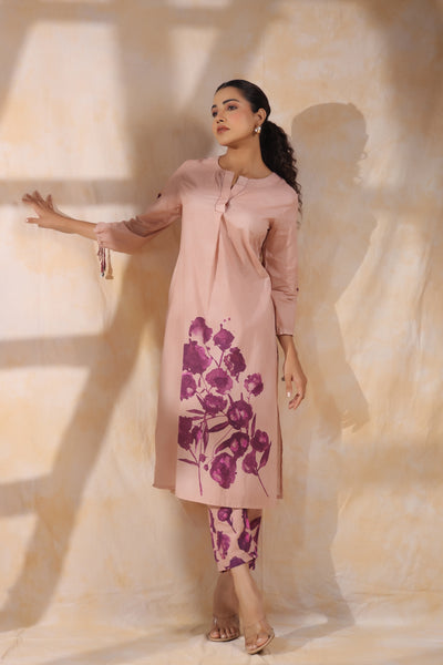 Rose pink with magenta flower mul cotton kurta pant set