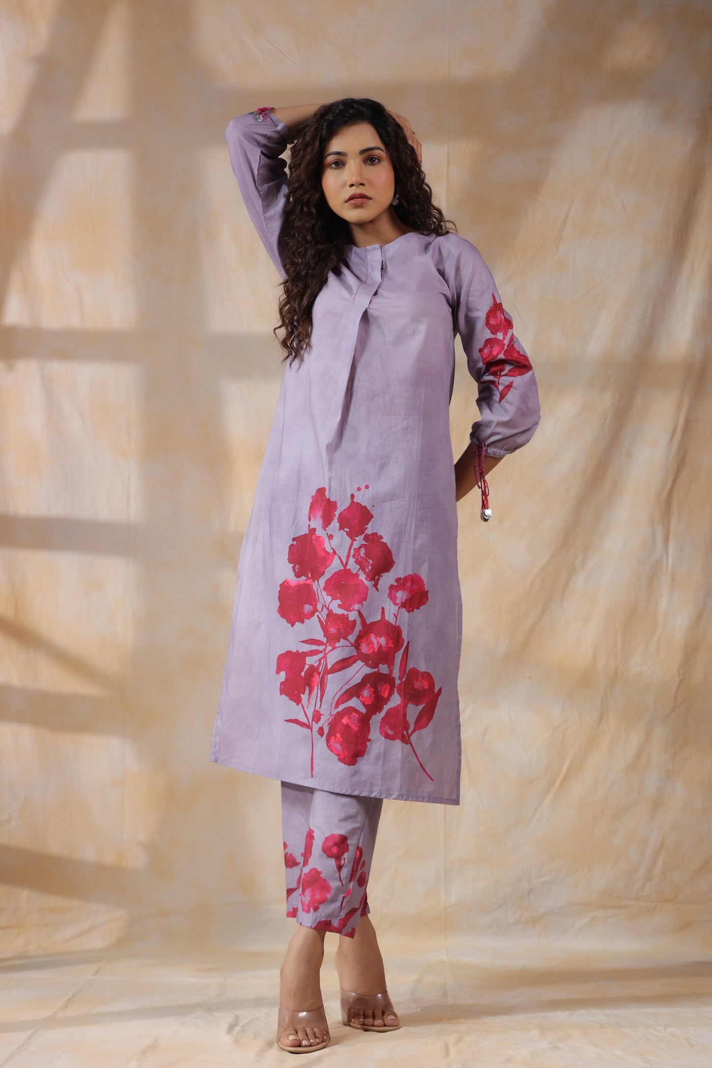 Purple with orange flower mul cotton kurta pant set