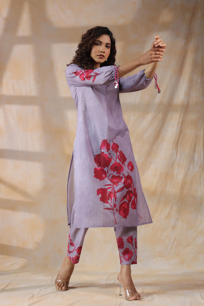 Purple with orange flower mul cotton kurta pant set