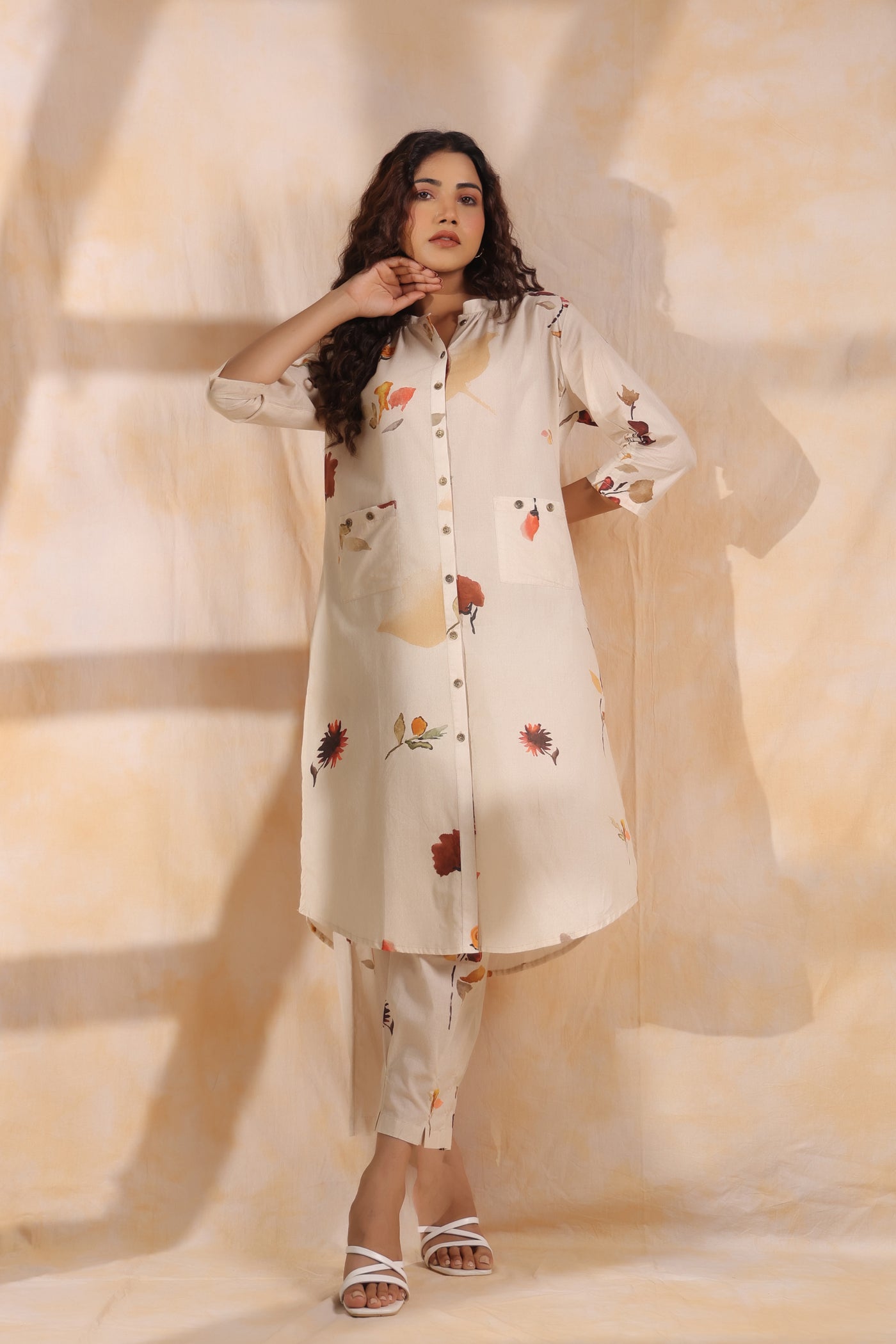 Sprinkle floral cream mul cotton kurta pant set