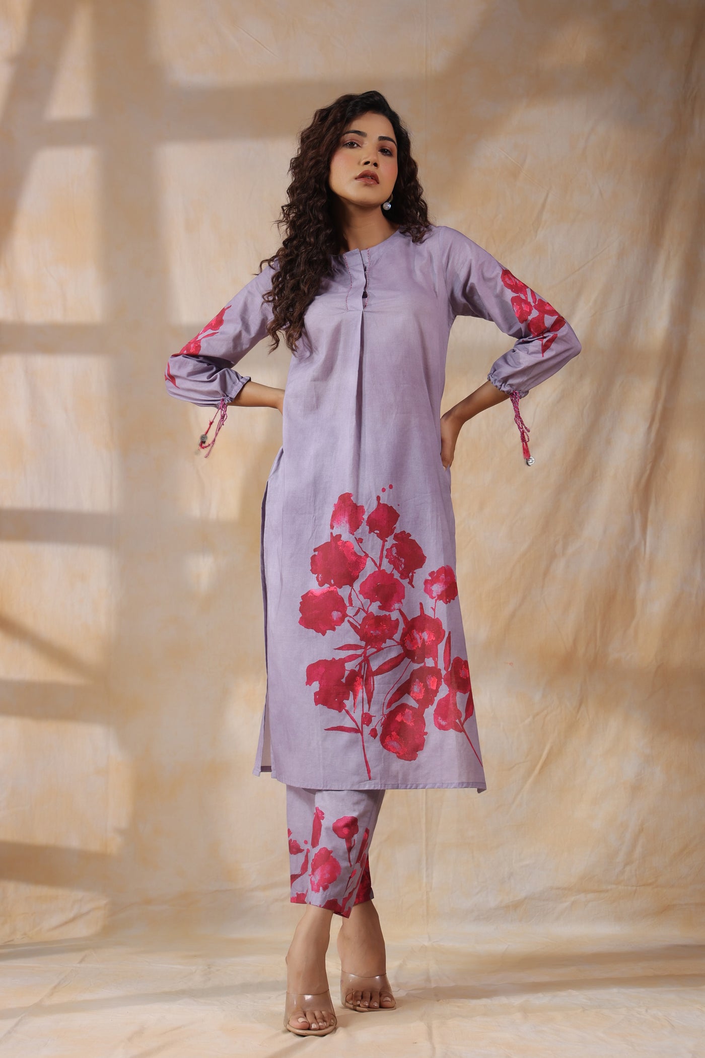 Purple with orange flower mul cotton kurta pant set