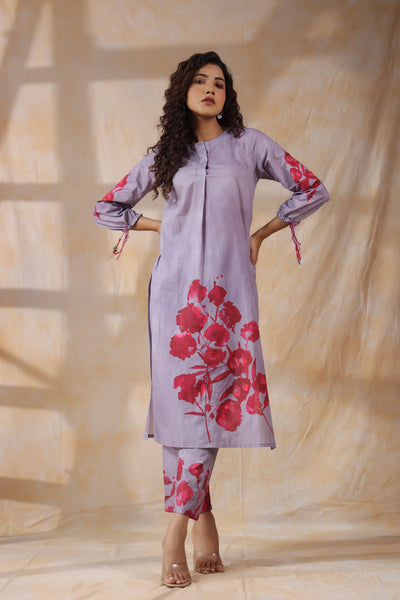 Purple with orange flower mul cotton kurta pant set