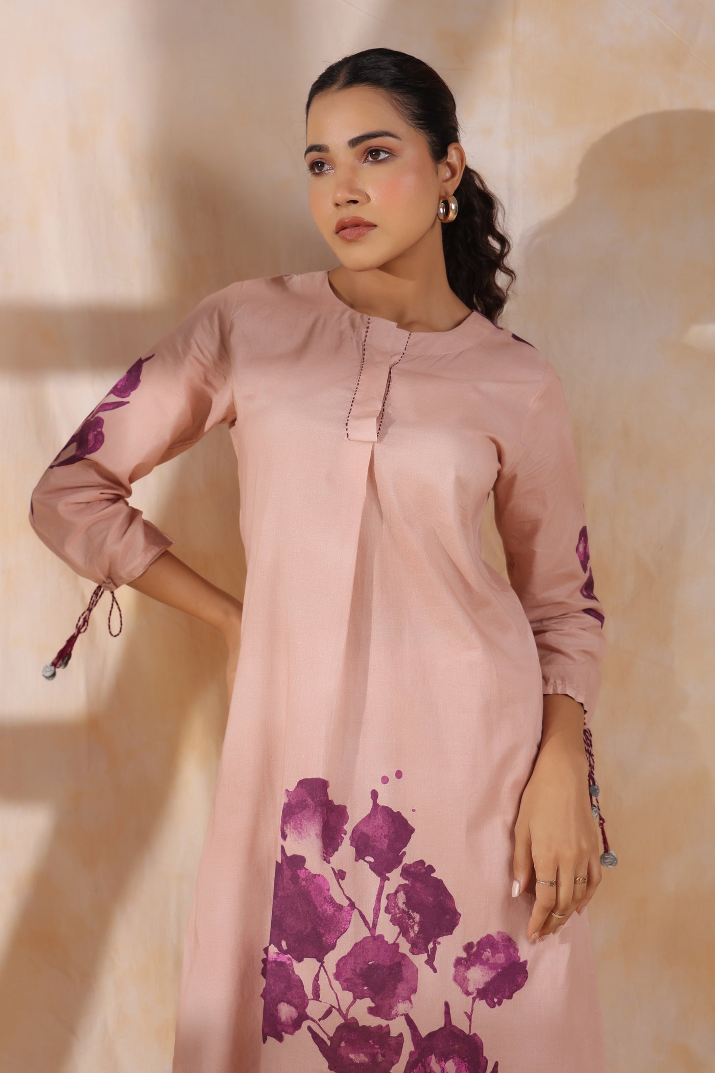 Rose pink with magenta flower mul cotton kurta pant set