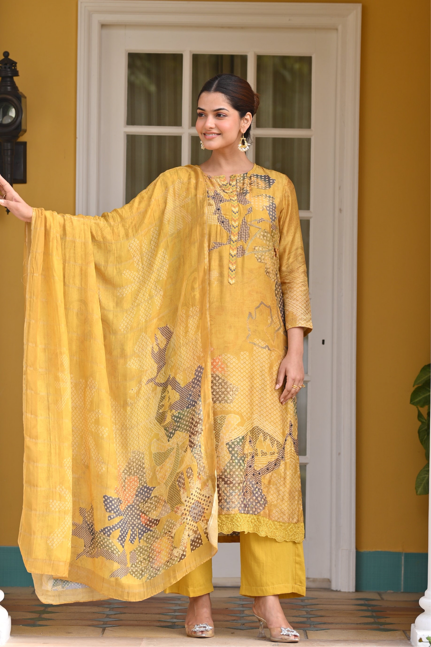 Yellow Bandhani Fagun Pure Muslin Suit Set with Thredle and Yellow Pearl Work