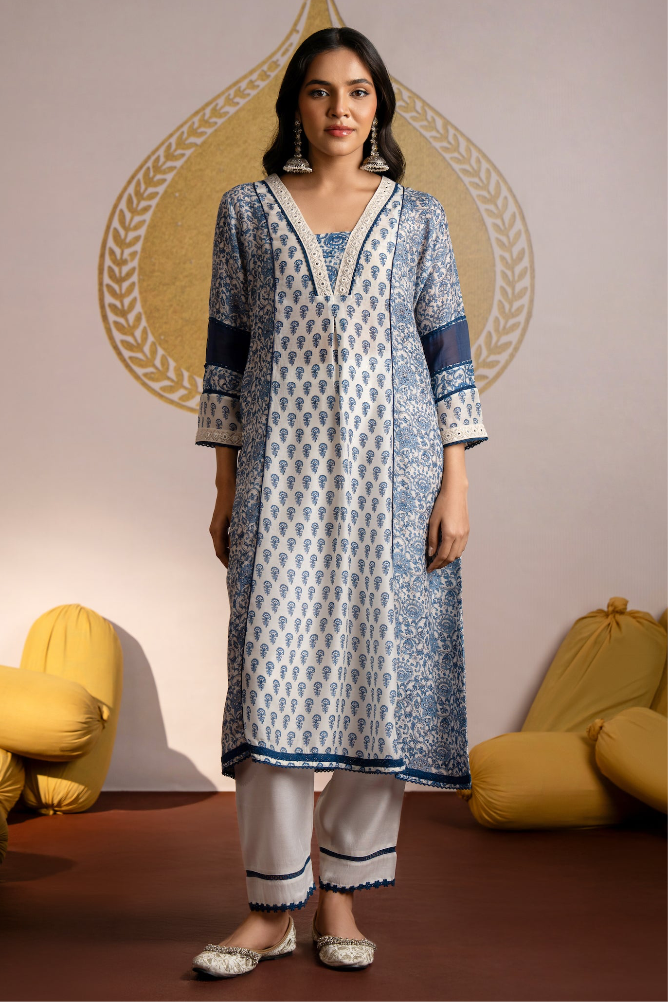 White Indigo V Neck Block Print Pure Muslin Kurta Set with Lace and Beads Work