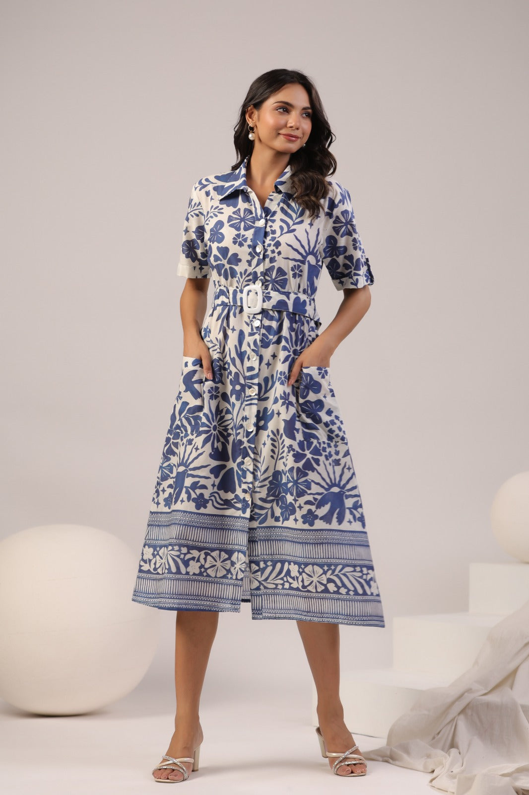 Blue floral print summer cotton dress with belt