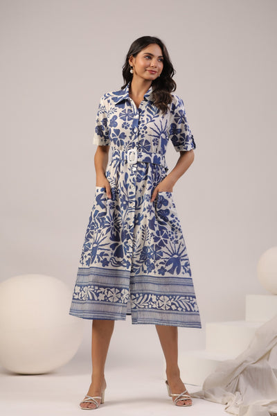 Blue floral print summer cotton dress with belt