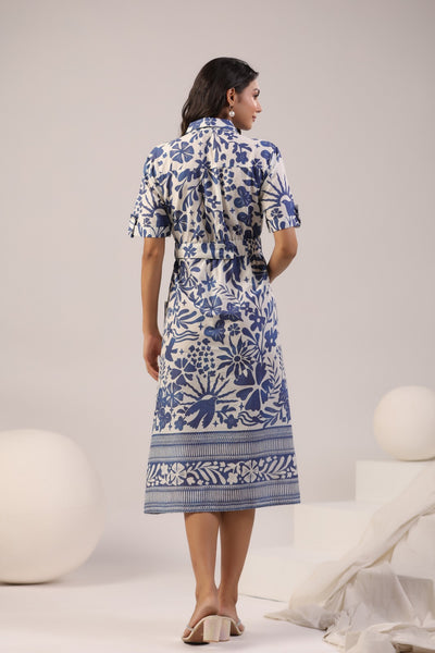 Blue floral print summer cotton dress with belt