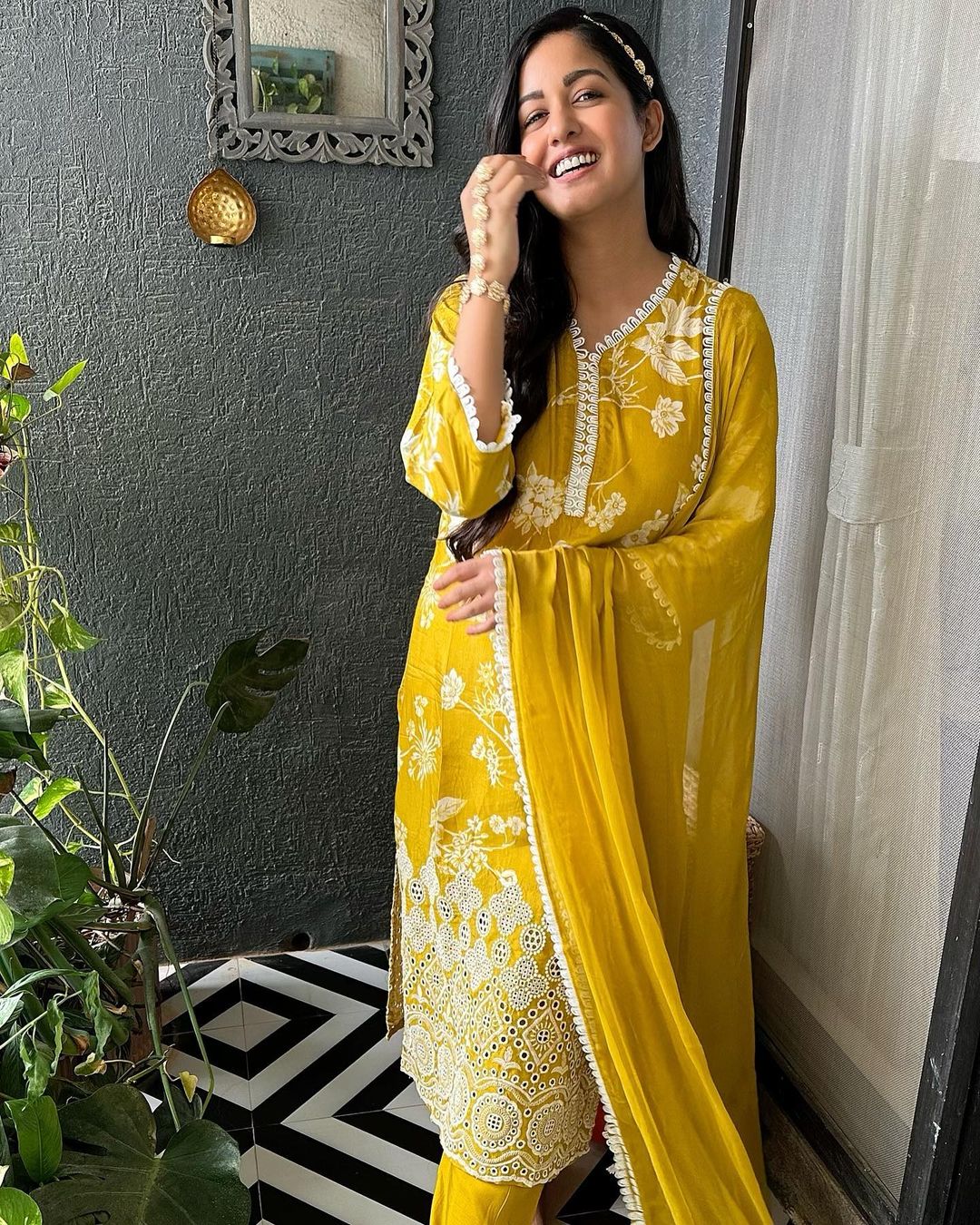 Ishita Dutta in Yellow Chiffli Muslin Suit set with Lace Work