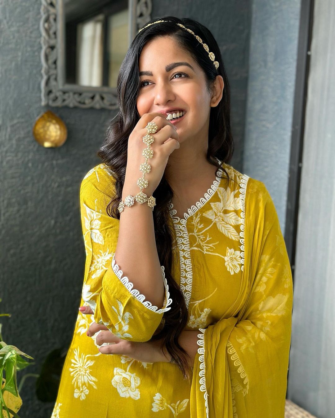 Ishita Dutta in Yellow Chiffli Muslin Suit set with Lace Work