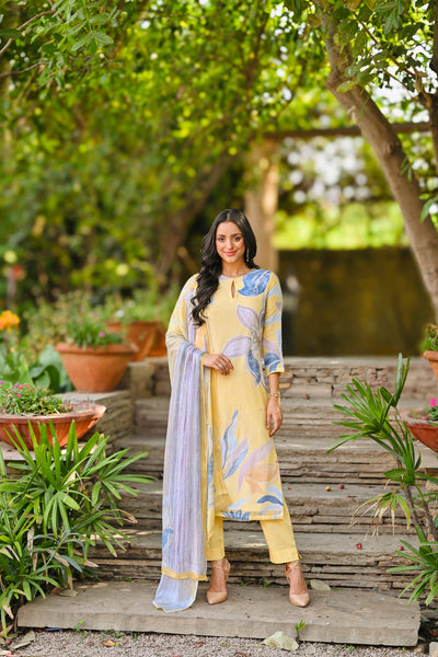 Yellow and Blue Bloom Pure Muslin with Spread Thread and Tari Hand Work Suit Set