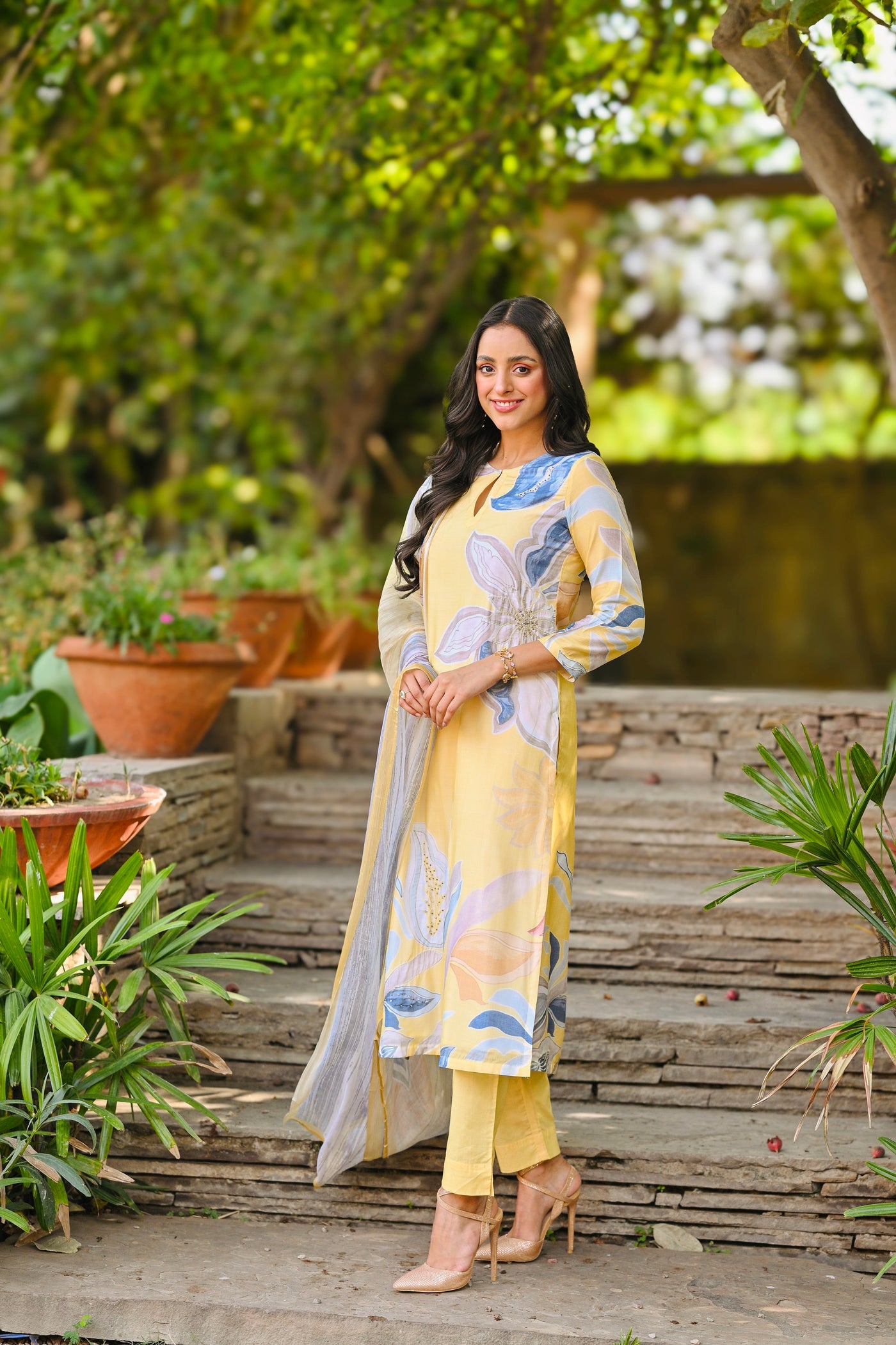 Yellow and Blue Bloom Pure Muslin with Spread Thread and Tari Hand Work Suit Set