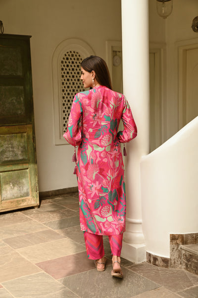 Pink and Green Abstract Print Muslin Kurta Set with all Over Spread Work