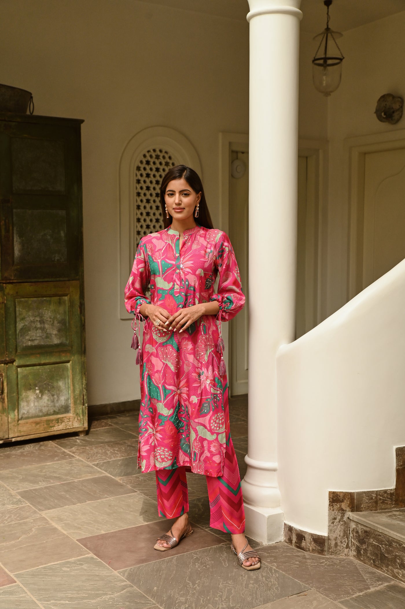 Pink and Green Abstract Print Muslin Kurta Set with all Over Spread Work