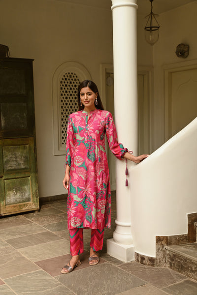 Pink and Green Abstract Print Muslin Kurta Set with all Over Spread Work