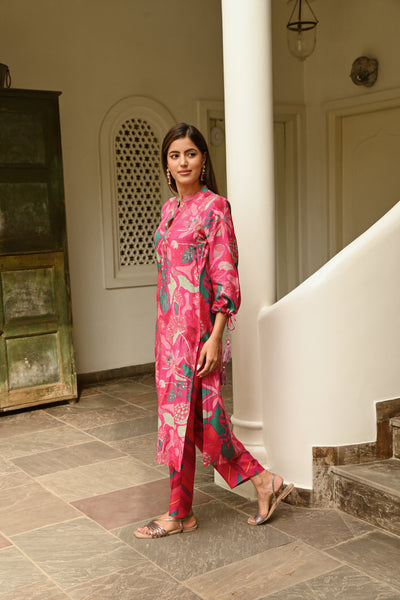 Pink and Green Abstract Print Muslin Kurta Set with all Over Spread Work