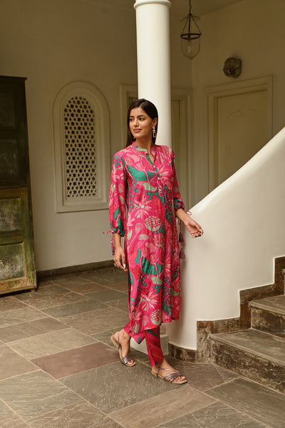 Pink and Green Abstract Print Muslin Kurta Set with all Over Spread Work