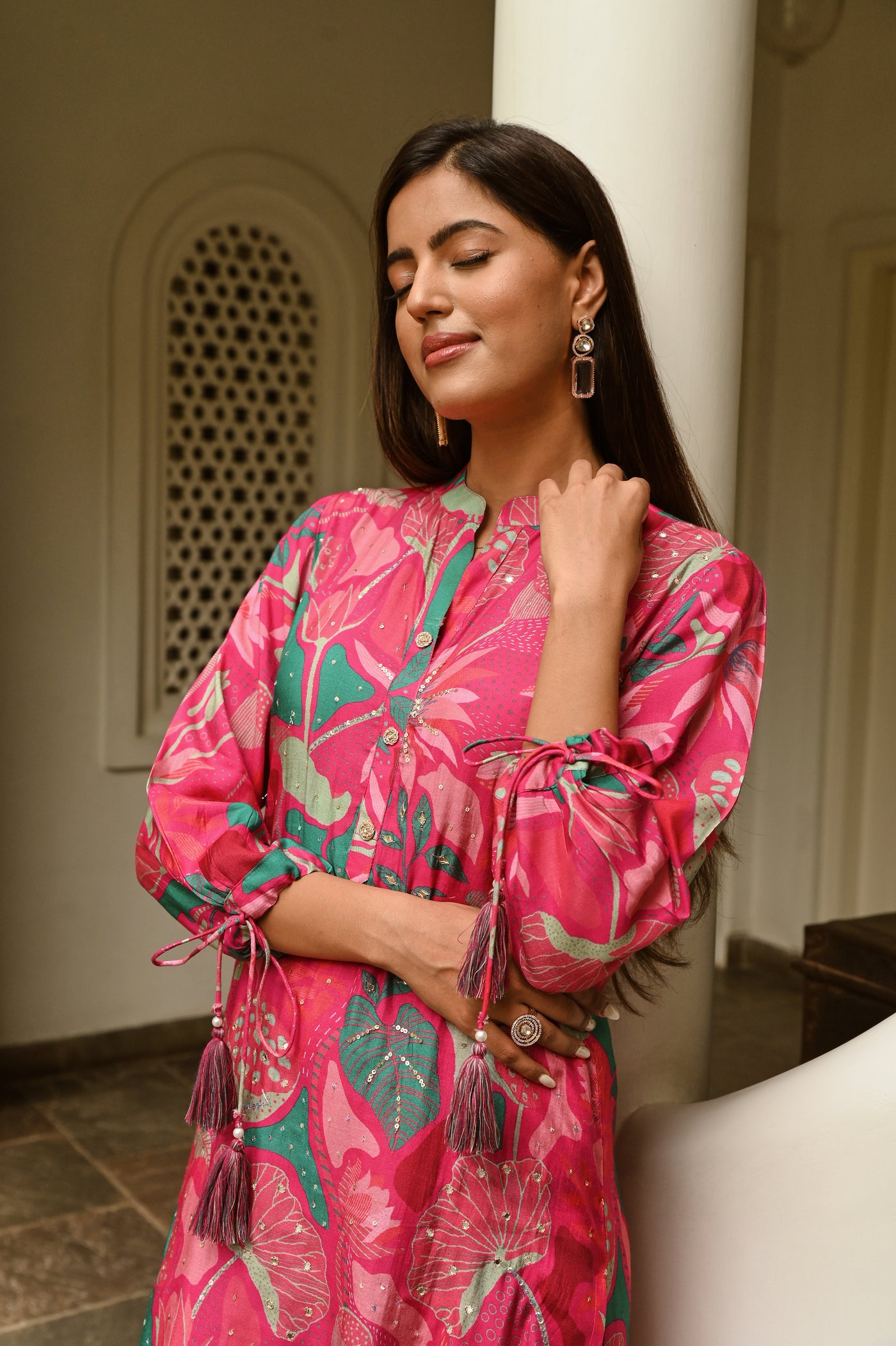 Pink and Green Abstract Print Muslin Kurta Set with all Over Spread Work