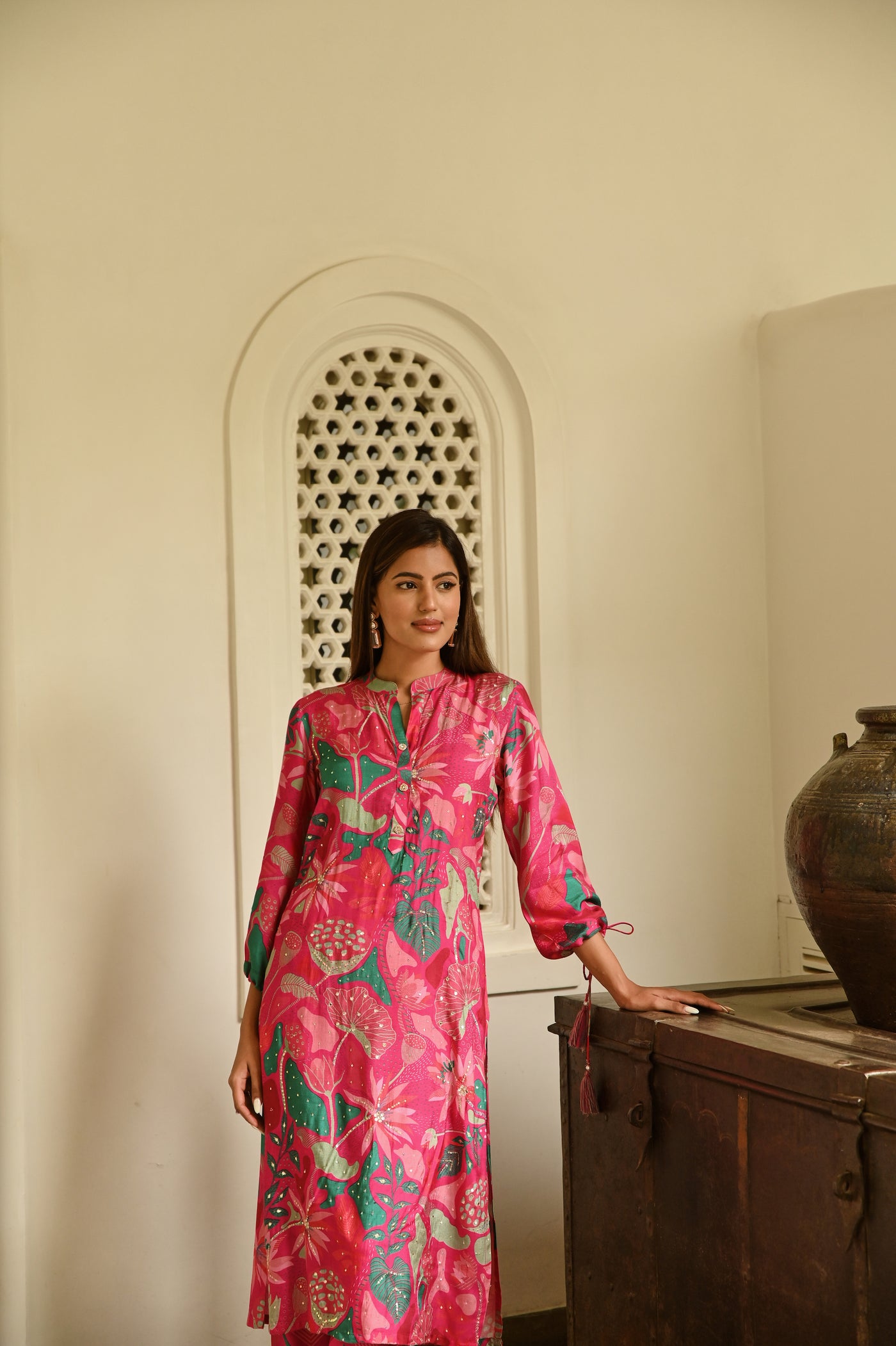 Pink and Green Abstract Print Muslin Kurta Set with all Over Spread Work