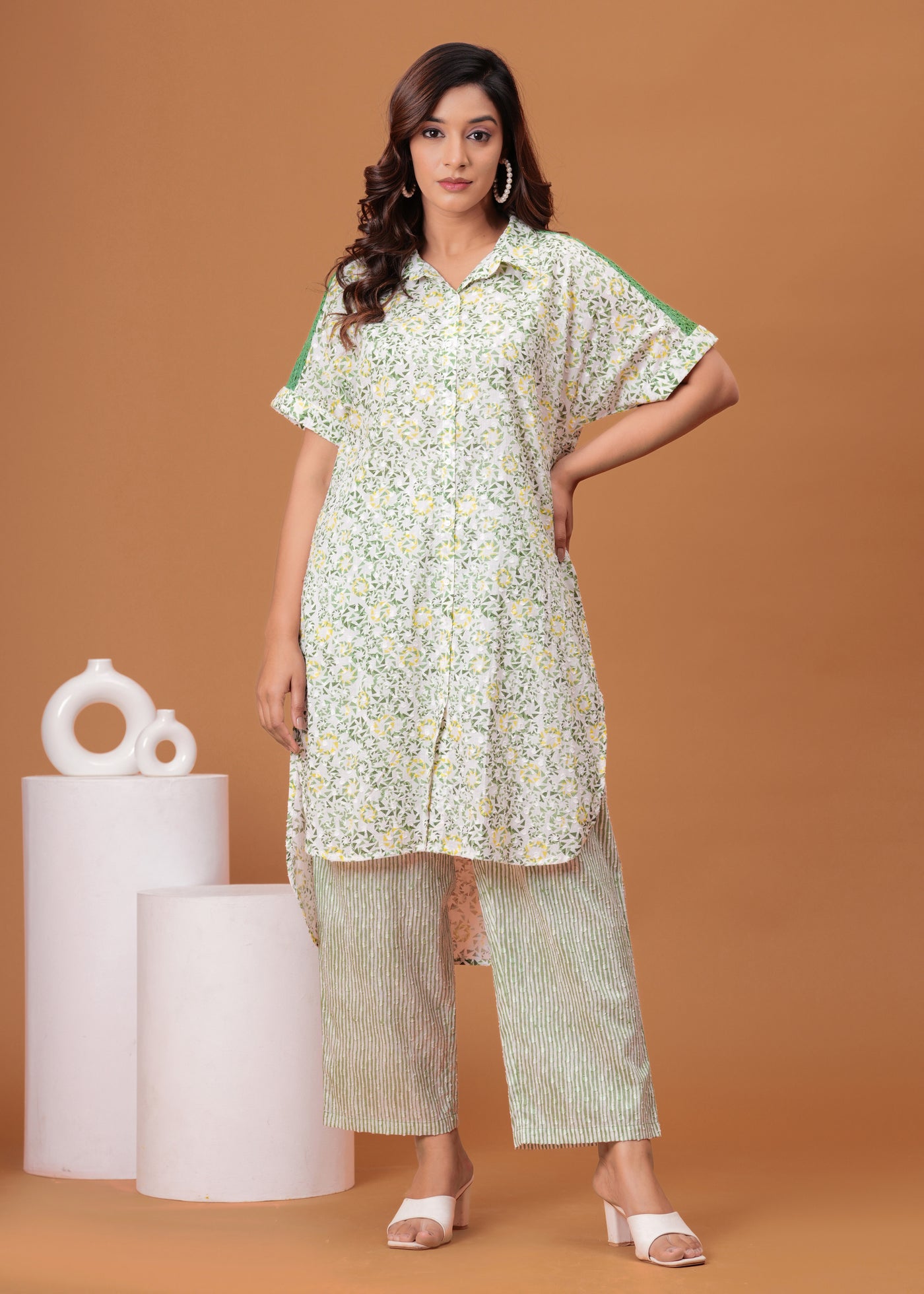 Spring Green Cotton Kurta Set with Back Lace
