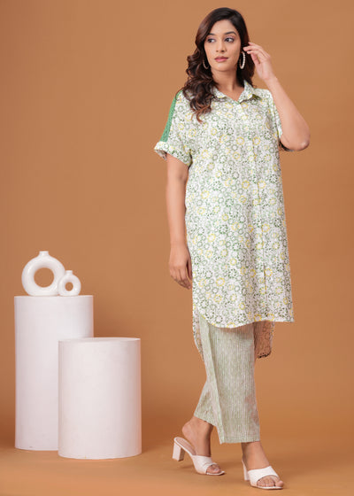 Spring Green Cotton Kurta Set with Back Lace