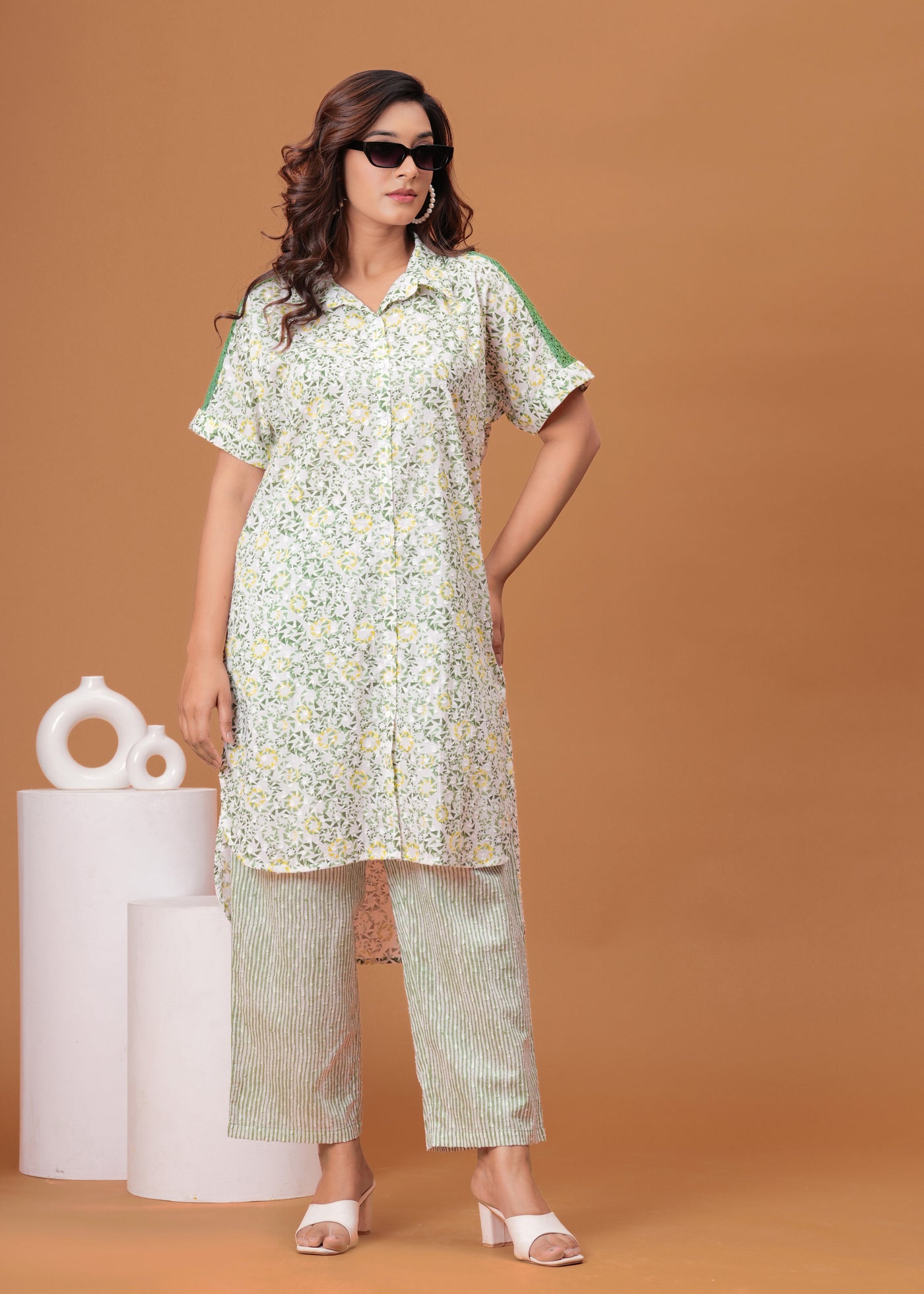 Spring Green Cotton Kurta Set with Back Lace