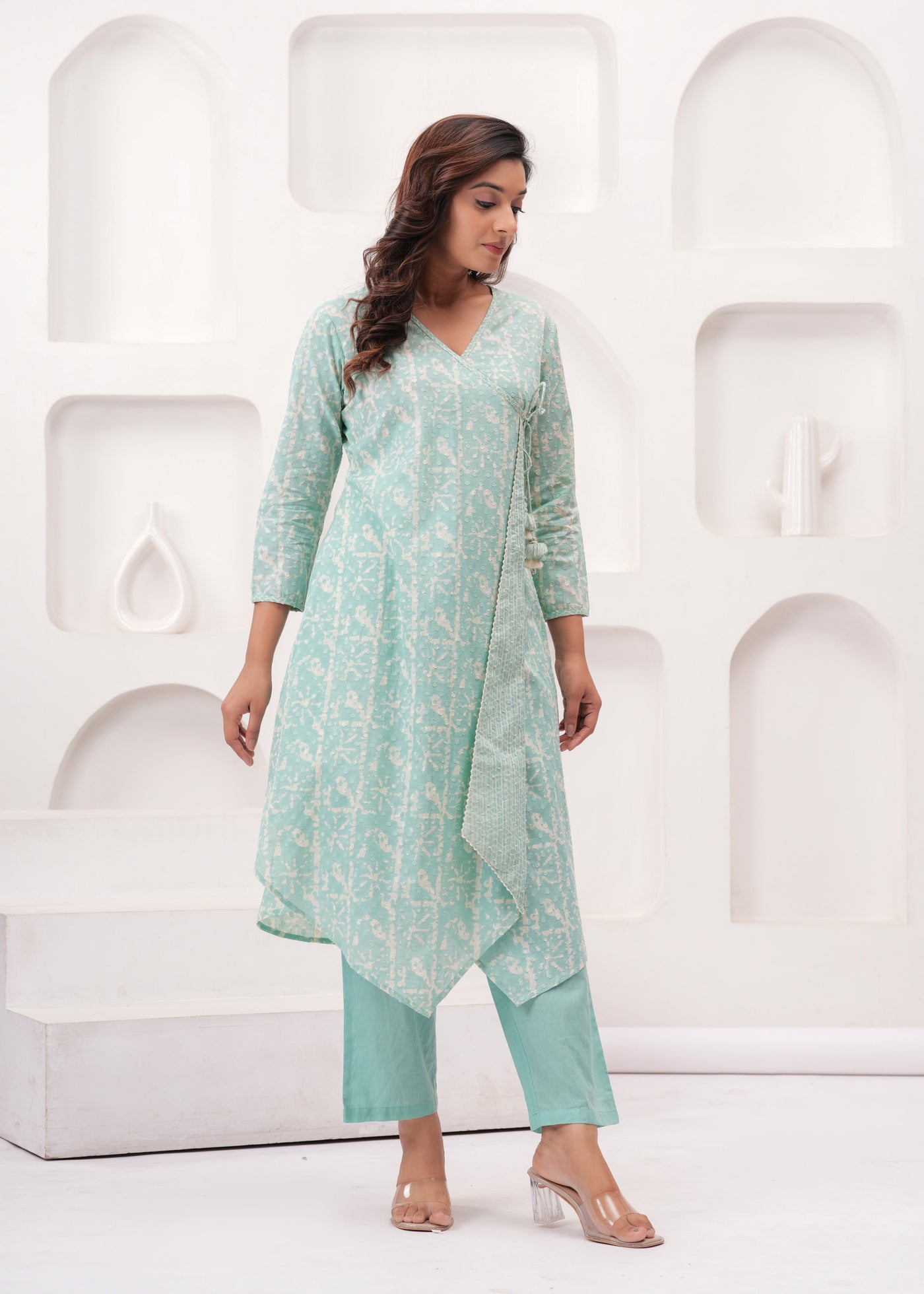 Sea Green Pure Mul Cotton Wrap Around Style Kurti with Cotton Pant