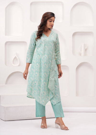Sea Green Pure Mul Cotton Wrap Around Style Kurti with Cotton Pant