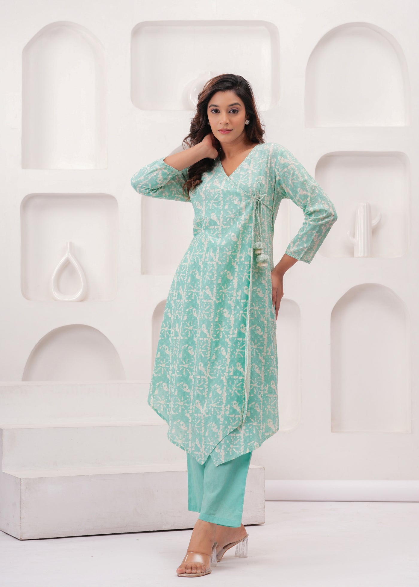 Sea Green Pure Mul Cotton Wrap Around Style Kurti with Cotton Pant