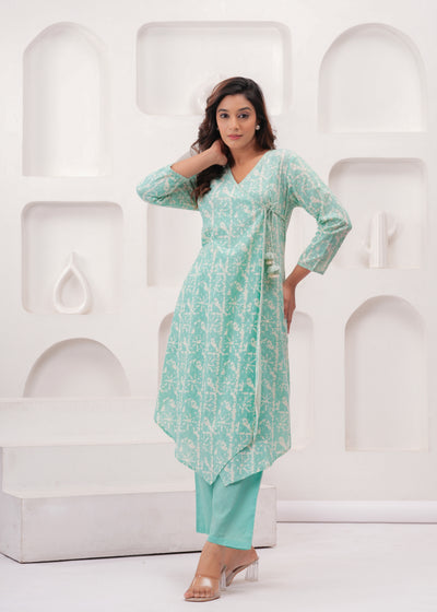 Sea Green Pure Mul Cotton Wrap Around Style Kurti with Cotton Pant