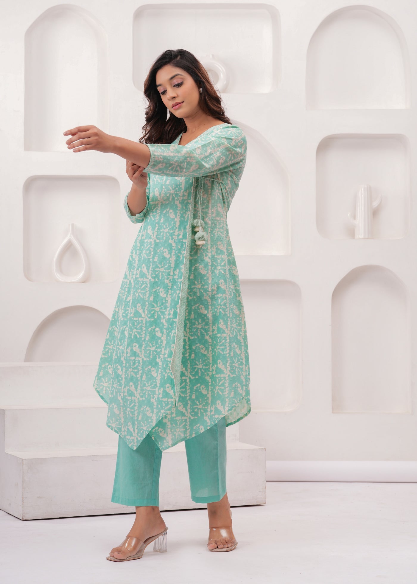 Sea Green Pure Mul Cotton Wrap Around Style Kurti with Cotton Pant