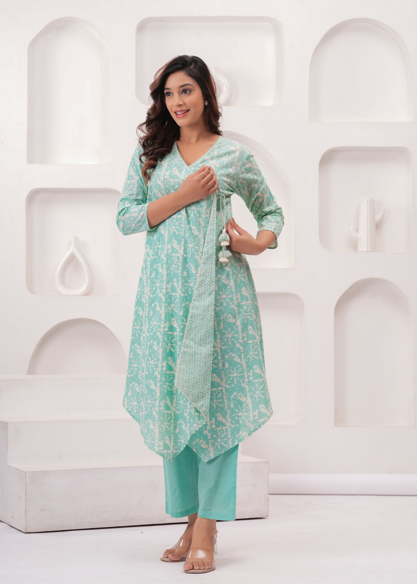 Sea Green Pure Mul Cotton Wrap Around Style Kurti with Cotton Pant